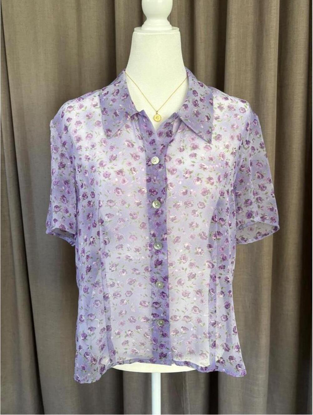 Vintage 90s Karin Stevens Sheer Lavender Floral Blouse L